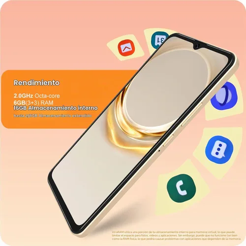 Vista 6 de A3 4G teléfonos Android desbloqueados 6.6” pantalla HD+ Android 12 teléfono inteligente Octa-Core 6(3+3)+16GB/256 TF Dual SIM teléfono celular Dorado