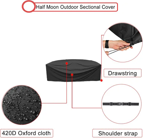 Vista 4 de Juego de fundas para muebles de patio de media luna, cubierta modular de media luna para exteriores, impermeable, semicírculo con cordón y correa
