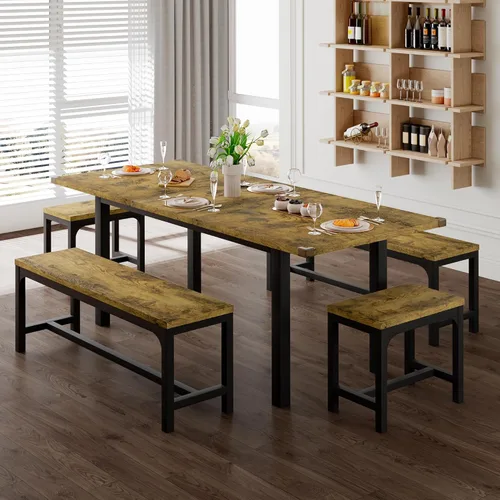Vista 12 de Feonase Juego de mesa de comedor de 5 piezas para 4-8 personas, juego de mesa de cocina grande extensible de 63 pulgadas con 2 bancos y 2 taburetes