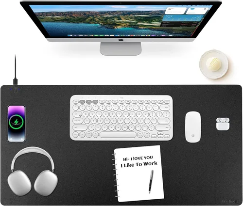 Vista 8 de Alfombrilla de mouse de carga inalámbrica 2 en 1, de cuero, multifuncional, con base de goma antideslizante, almohadilla de escritorio impermeable