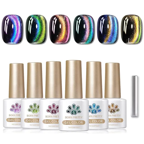 Vista 36 de Born Pretty - Esmalte de uñas de gel magnético 9D con purpurina reflectante, esmalte de gel holográfico de color gato magnético, juego de 7ml, 6