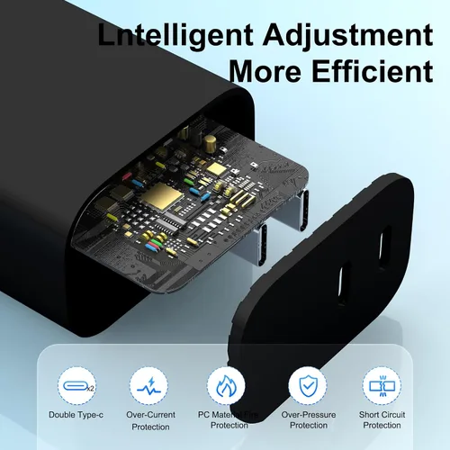 Vista 4 de Paquete de 3 bloques de cargador USB C, enchufe de pared rápido de 20 W de doble puerto (negro) Bloque USB C de carga rápida PD de 20 W