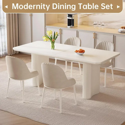Vista 3 de Mesa de Comedor Rectangular de 63" con 6 Sillas, Mesa de Cocina Moderna Blanca con Juego de Sillas para Sala de Estar, Comedor y Cocina Blanco-A