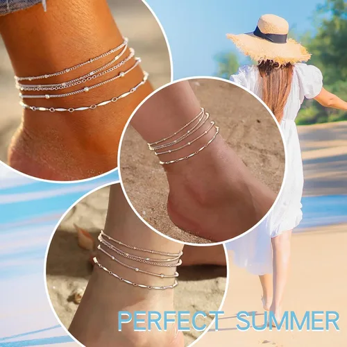 Vista 2 de Dcfywl731 Tobillera de cinco capas para mujer, cadena de cuentas de plata y oro, tobillera para adolescentes y niñas, pulseras de tobillo de varias