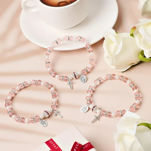 Vista 3 de Junkin Beaded Stretch Rosary Bracelet with Mesh Bags Catholic Bracelets for Women Girls Religious Rosary Bead Bracelet Pink Bracelet Crucifix Medal