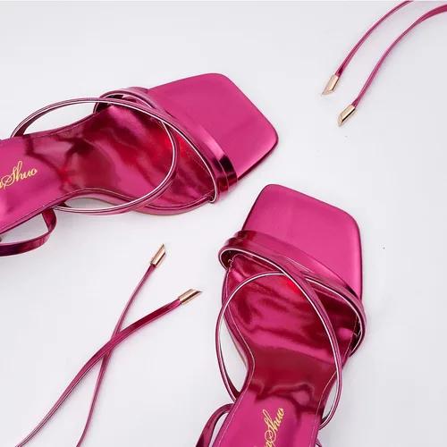 Vista 4 de GENSHUO Sandalias de tacón para mujer con tiras y cordones de tacón alto, sandalias de punta cuadrada, sandalias de tacón para fiestas, bailes