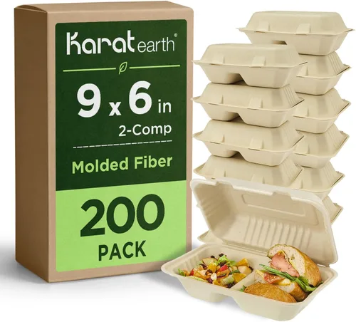 Vista 14 de KARAT EARTH Clamshell - Recipientes de alimentos para llevar [9 x 9 pulgadas, 200 unidades] 3 compartimentos Contenedores compostables