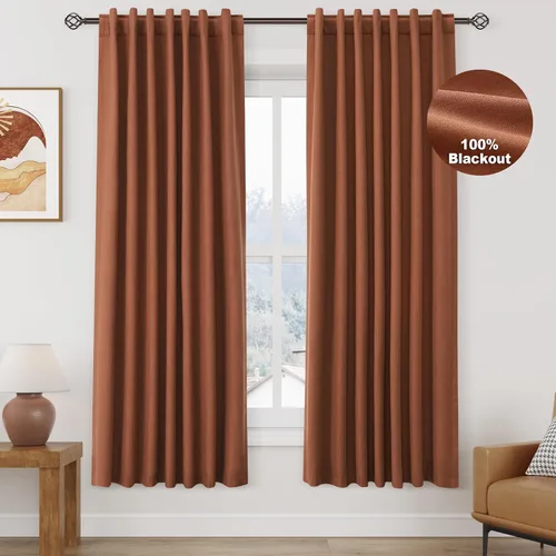 Vista 85 de Nanspring Cortinas de lino 100% opacas para dormitorio, 96 pulgadas de largo, con pestaña trasera, bolsillo para barra, aislamiento térmico, cortina