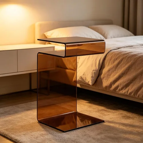 Vista 5 de Mesita de noche de cristal, mesa auxiliar, mesa auxiliar en forma de S para sala de estar, mesita de noche para dormitorio (marrón)