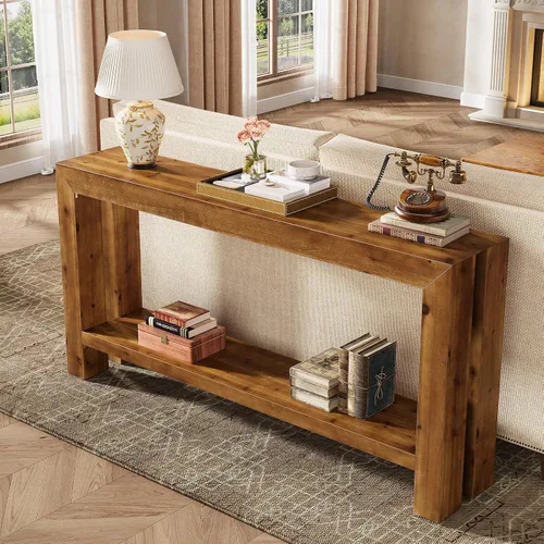 Vista 5 de Mesa consola de entrada de madera maciza de 63 pulgadas, mesa de sofá estrecha de granja detrás del sofá con almacenamiento de 2 niveles