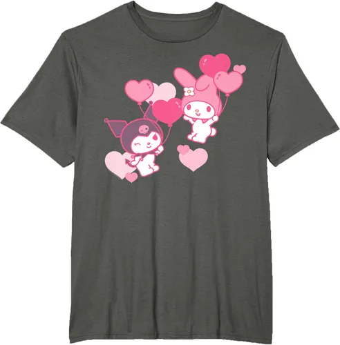 Vista 7 de Camiseta de My Melody y Kuromi con corazones del Día de San Valentín Negro