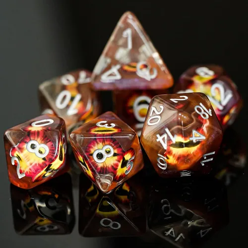 Vista 7 de Cusdie Dados DND de 7 troqueles, juego de dados poliédricos rellenos de globo ocular, para juegos de rol, dados D&D (globo ocular marrón)