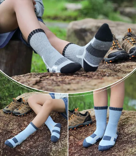 Vista 5 de LINEMIN Calcetines de senderismo de lana merino para niños y niñas, cálidos, gruesos, térmicos, acolchados, para invierno, 6 pares