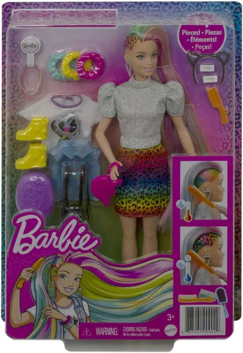 Vista 7 de Barbie Muñeca de pelo arcoíris de leopardo con reflejos que cambian de color y 16 accesorios de estilo, incluyendo ropa, coleteros, cepillo y más