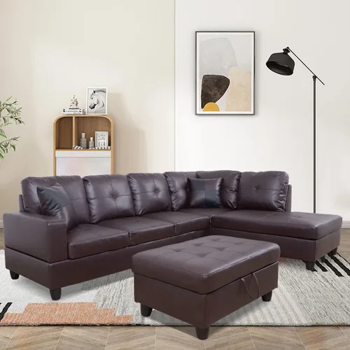 Vista 3 de Juego de sofá seccional de cuero para sala de estar, juego de 3 piezas con almacenamiento otomano negro para sala de estar/dormitorio/apartamento