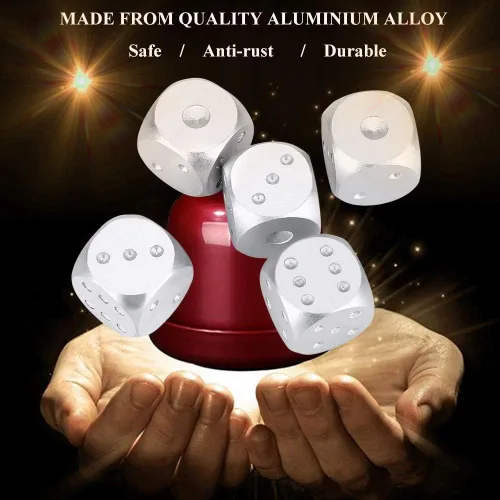 Vista 5 de Juego de dados de aleación de aluminio, 5 piezas con caja de almacenamiento, dados metálicos dorados o plateados de 1.6 pulgadas para juegos de mesa
