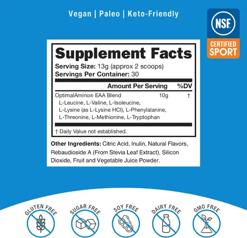 Vista 2 de OptimalAmino® Mejor Bebida de Recuperación Pre/Post Entrenamiento, Suplemento de Aminoácidos Esenciales con 99% de Utilización, Certificado NSF