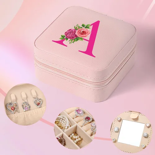 Vista 2 de Parima Joyero de viaje rosa con flores Organizador de aretes, collares, anillos con espejo Regalos para mujeres y niñas Joyero personalizado