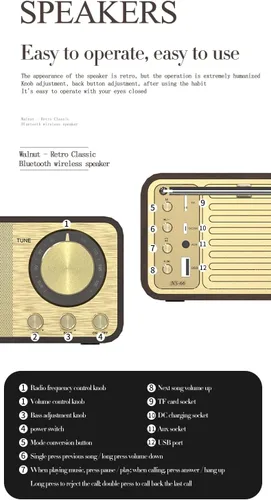 Vista 6 de Altavoz Bluetooth de madera retro, radio recargable de 1500 mAh con antena FM integrada, esfera giratoria de sintonización AM/FM, control de graves