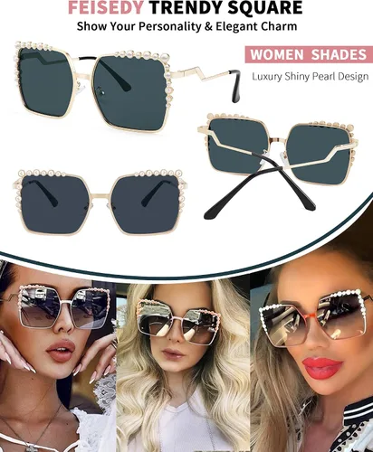 Vista 6 de FEISEDY Gafas de sol cuadradas de gran tamaño para mujer, diseño de perlas 2021, nuevas sombras grandes de moda de lujo B2747