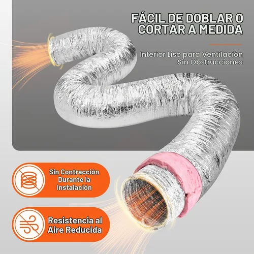 Vista 4 de VEVOR - Conducto flexible aislado de 4 pulgadas R-6.0, 25 pies de largo con 2 abrazaderas para conductos, manguera de conducto de aire de protección