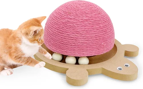 Vista 8 de Fhiny Pelota rascador para gatos, juguete rascador de sisal natural con pista de rodillos y base de madera con forma de tortuga para gatos