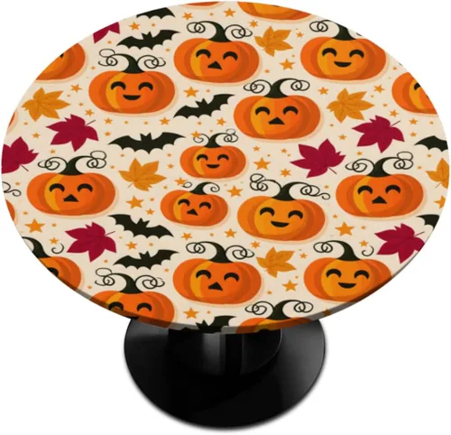 Vista 90 de Mantel redondo ajustado con diseño de calabaza de otoño, hojas de otoño, color amarillo, pequeño con borde elástico, manteles circulares lavables