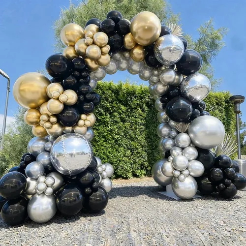 Vista 4 de 110 globos negros y dorados, globos metálicos dorados y negros de 18/12/10/5 pulgadas para graduación 2026, boda, cumpleaños, decoración de fiesta
