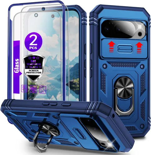 Vista 21 de Funda para Pixel 9 Pro XL con cubierta deslizante para cámara, 2 protectores de pantalla de vidrio templado, soporte de anillo giratorio de 360°