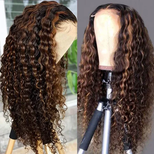 Vista 2 de Peluca de cabello humano con encaje frontal degradado 1B/30, negro y marrón 13x6, pelucas de encaje frontal HD predepiladas con abuelitos, ondulado