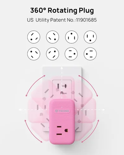 Vista 8 de TROND Extensor de salida con USB C, divisor de 3 salidas de CA con rotación de 360 + extensor de salida rosa con enchufes a tierra de 3 clavijas