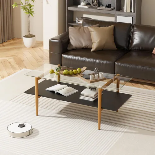 Vista 8 de Furnify Mesa de centro de cristal, mesa central rectangular para sala de estar con patas doradas, mesas decorativas modernas de mediados de siglo
