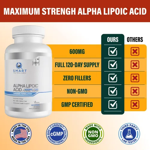 Vista 4 de Ácido alfa lipoico de 600 mg por porción, 240 cápsulas veganas, sin gluten, ALA puro sin OMG, apoya la energía y el antioxidante