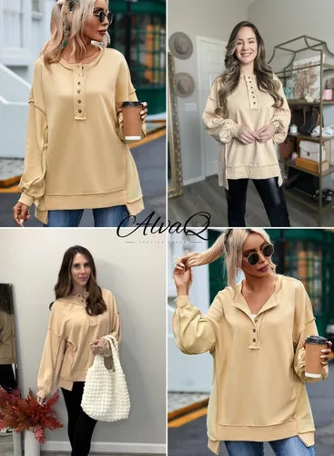 Vista 4 de AlvaQ - Sudadera de gran tamaño para mujer, informal, de manga larga, con botones y cuello Henley, tipo túnica