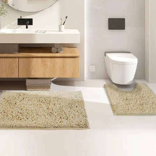 Vista 2 de Juego de alfombras de baño de 2 piezas, súper absorbente suave, gruesa, lavable en lavadora, alfombra de baño de chenilla antideslizante, alfombra