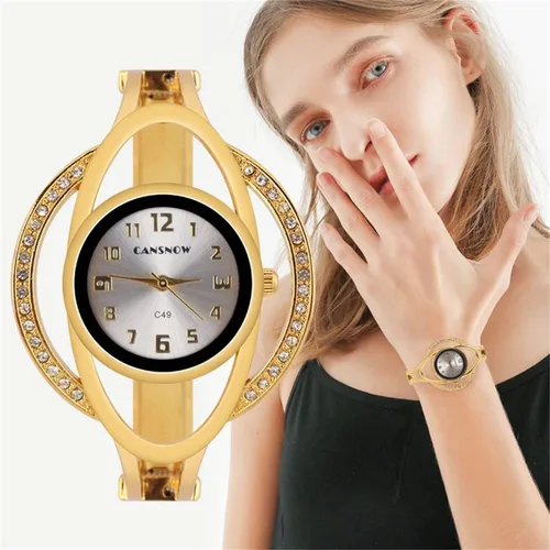 Vista 4 de CdyBox Reloj de pulsera de diamantes para mujer, elegante reloj de pulsera de cuarzo con hebilla abierta y correa de acero, Oro, Moderno