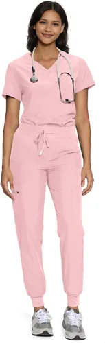 Vista 11 de floralhue Conjunto de ropa quirúrgica para mujer con cuello en V y Negro