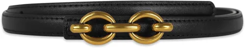 Vista 361 de Cinturón de cuero clásico con hebilla de metal para mujer con vestido de jeans