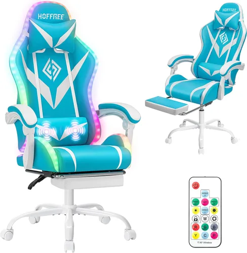 Vista 11 de HOFFREE - Silla para juegos con luces LED RGB estilo carreras, color azul azul+negro
