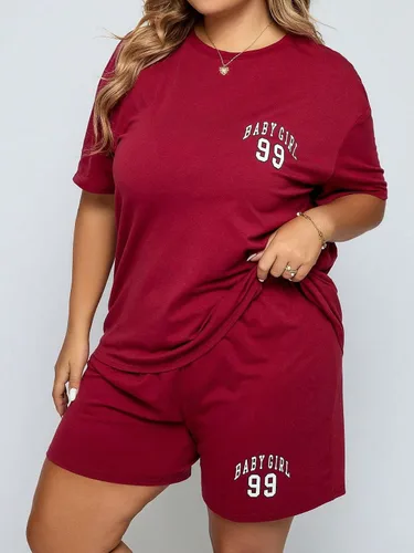 Vista 3 de OYOANGLE Women's Plus Size 2 Piece Letter Graphic Short Sleeve Tee Shirt and Shorts Pajama Set