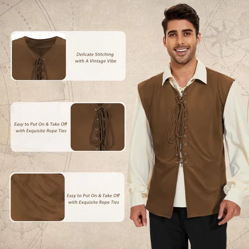 Vista 3 de Zando Chaleco pirata renacentista medieval vikingo para hombre, disfraz de Halloween o cosplay