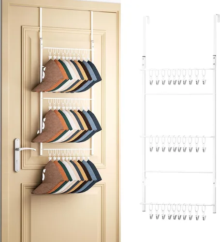 Vista 13 de HapiRm Perchero para Puerta - Organizador de Sombreros de 3 Niveles Montado en la Pared con 16 Ganchos y 10 Clips Móviles, Organizador de Sombreros