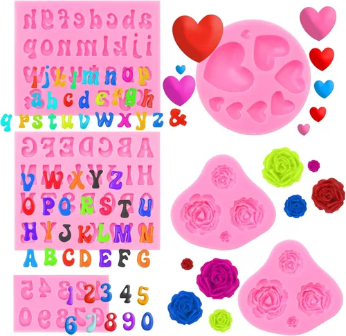 Vista 10 de 4 moldes de silicona para letras para chocolate, mini moldes de 26 letras y números 0-9, moldes comestibles para fondant del alfabeto sin BPA