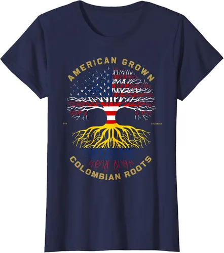 Vista 27 de Camiseta de regalo con la bandera de Estados Unidos con árbol de raíces colombianas