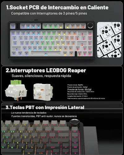 Vista 5 de AULA Combo de teclado y mouse inalámbricos, teclados mecánicos F75 Pro, 75% de junta teclado personalizado intercambiable en caliente+mouse