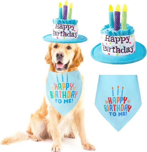 Vista 10 de Juego de sombreros y bufandas bandana para cachorros y gatos con velas coloridas azules para pequeños animes, suministros de fiesta de cumpleaños