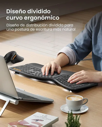 Vista 5 de ProtoArc Teclado ergonómico Bluetooth retroiluminado, EK01 Plus, teclado inalámbrico dividido de tamaño completo con Bluetooth dual y USB