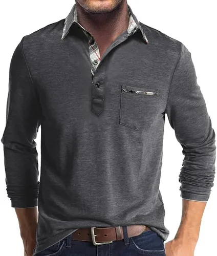 Vista 12 de Aulemen - Camisas polo de manga larga para hombre casuales con botones, absorbentes de humedad, de algodón, elegantes, camisetas para golf