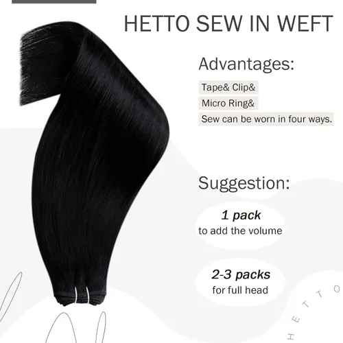 Vista 4 de Hetto - Extensiones de cabello humano real para coser, color negro azabache, #1, 12 pulgadas, 2.47 onzas Adhesivo suave, fuerte, uso diario