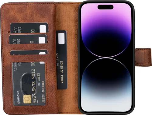 Vista 72 de HARDISTON Funda de piel auténtica de alta calidad hecha a mano para iPhone 7/8 / SE doble folio tarjetero - Funda magnética desmontable - Soporte